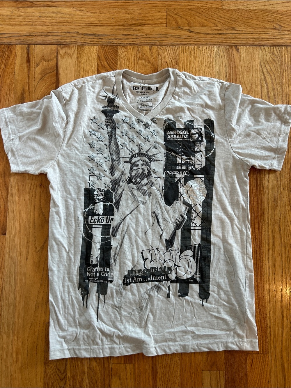 Ecko Unlimited White V-Neck Graphic Tee with Black Statue Print